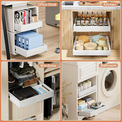 2 Pack Pull out Cabinet Organizer, Width (12"-19") Depth (17"-23"), with 3 Rails Adjustable Slide, Expandable Pullout Drawers for Cabinets, No Drill Adhesive Kitchen Drawers for Pantry Shelves