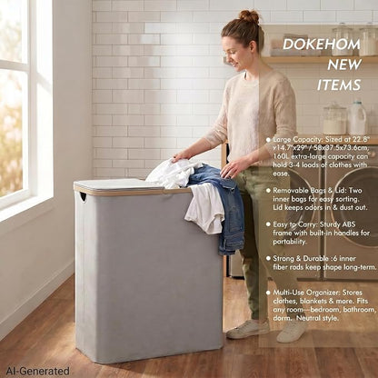 DOKEHOM 160L Extra Large Laundry Hamper with Lid, 2-Section Double Laundry Basket with Removable Mesh Liner Bags, Collapsible Clothes Sorter for Family, Bedroom, Laundry Room, Light Grey