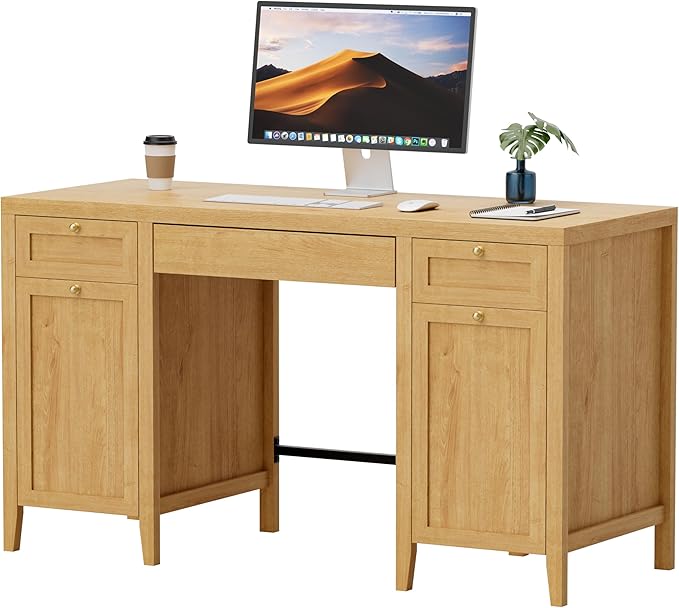 52" Executive Desk with Storage Drawer, Farmhouse Home Office Desk with Storage Cabinet Wood Computer Writing Desk for Study Office, Natural Oak