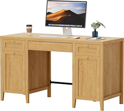 52" Executive Desk with Storage Drawer, Farmhouse Home Office Desk with Storage Cabinet Wood Computer Writing Desk for Study Office, Natural Oak