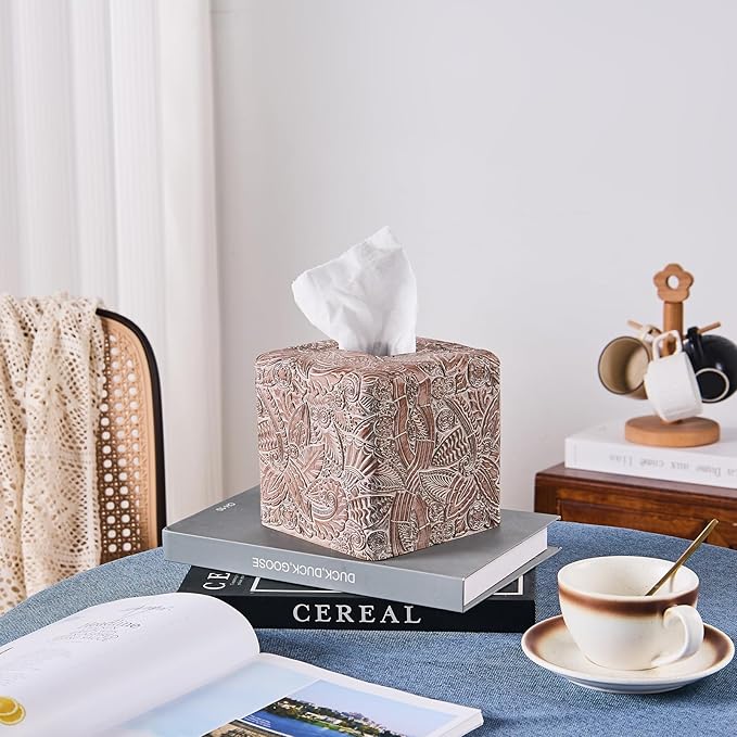 Tropical Leaves Vintage Wood Carved Square Tissue Box Cover Decorative,Tissue Box Holder, Facial Paper Holder for Bathroom Vanity Countertop, Bedroom Night Stand,Office and End Table, Rustic Brown