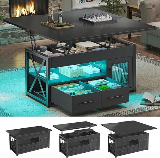 Itaar 40" Lift Top Coffee Table, 4 in 1 Coffee Tables with Storage Cabinet for Living Room, Small Farmhouse Coffee Table with 2 Fabric Drawers & LED Light for Dining Room, Black