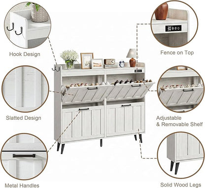 ChooChoo Shoe Storage Cabinet with 4 Flip Drawers, Deodorizing Shoe Organizer Storage for Entryway, Freestanding Hidden Slim Narrow Shoe Rack Cabinet, Antique White