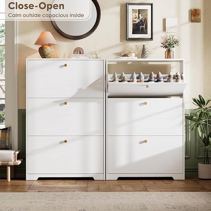 Nicetree Shoe Cabinet with 3 Flip Drawers, Narrow Shoe Organizer Cabinet, Freestanding Shoe Rack Cabinet, Modern Shoe Storage Cabinet for Entryway, Hallway, Foyer, White