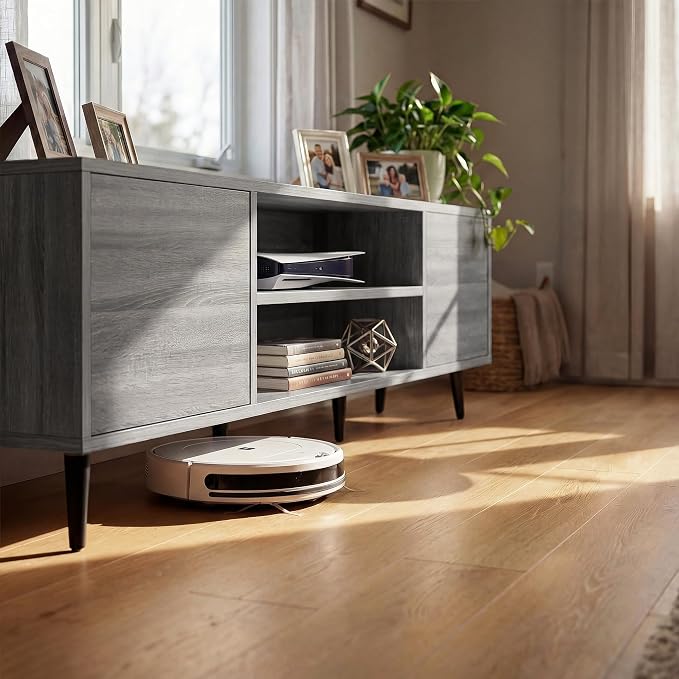 JUMMICO Mid-Century Modern TV Stand for 55-65 Inch TVs, 58 Inch Media Console with Storage, Entertainment Center with Push-Open Cabinets and Cable Management for Living Room (Grey, 58 Inches)