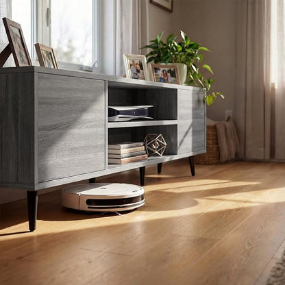 JUMMICO Mid-Century Modern TV Stand for 55-65 Inch TVs, 58 Inch Media Console with Storage, Entertainment Center with Push-Open Cabinets and Cable Management for Living Room (Grey, 58 Inches)