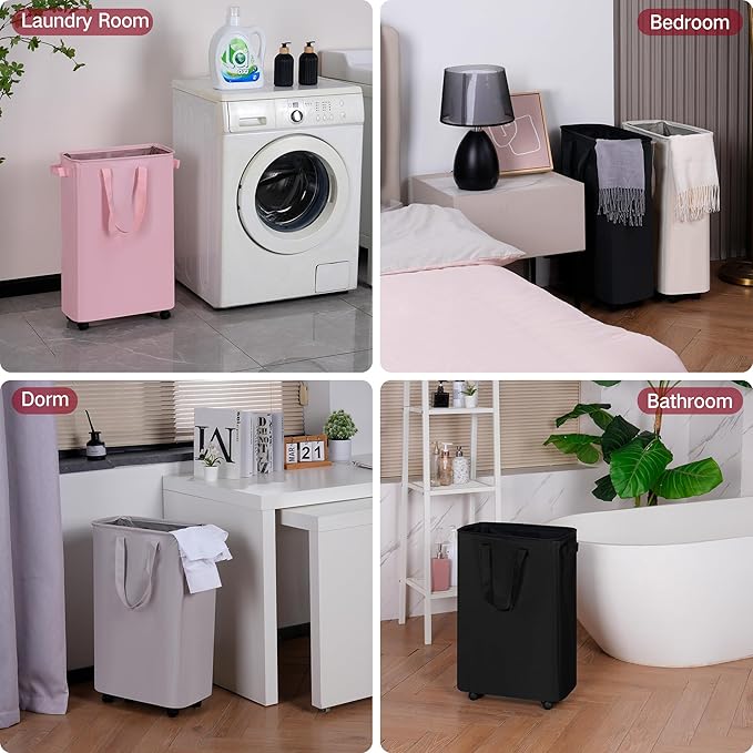 efluky Slim Laundry Hamper with Wheels, Rolling Laundry Basket for Clothes, Small Laundry Basket for Bedroom, Dorm and Laundry Room, 60L (12.7 Gallons) Grey