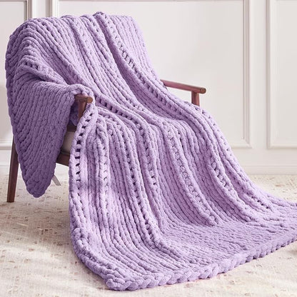 Negwoo Chunky Knit Throw Blanket, 80''*90'' Knitted Throw Chenille Yarn for Bed Couch, Handmade Light Purple Crochet Big Thick Blanket, Machine Washable Cute Comfy Blanket for Home Decor