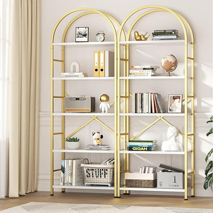 Shintenchi Bookshelf, Arched Bookshelf 5 Tier Bookcase Shelf for CDs/Books, Home Office Bookcase Shelf Storage Organizer, Modern Book Shelf for Bedroom/Living Room, Gold