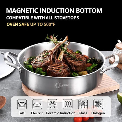 LOLYKITCH 12 Inch Tri-ply Stainless Steel 5.5 QT Sauté Pan and 8-10 Inch Frying Pan Set of 3,Induction Cookware,Dishwasher and Oven Safe.