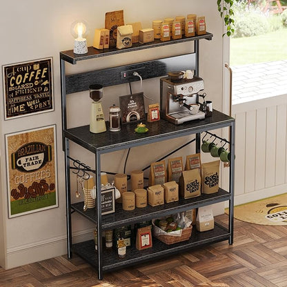 SUPERJARE Bakers Rack with Power Outlets, Microwave Stand, 39.4 X 14.3 Inch Larger Desktop, Kitchen Storage Rack with Adjustable Middle Shelf, 6 S-Shaped Hooks, Coffee Bar Stand, Black