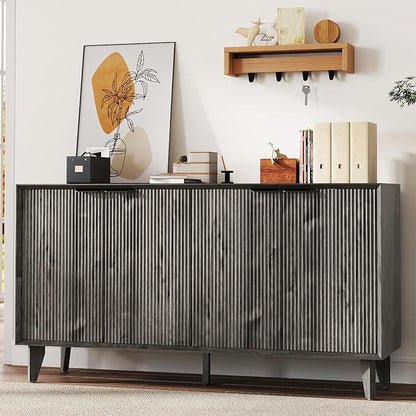 Fluted Cabinet with Storage, Buffet Sideborad with 4 Doors Kitchen Buffet Storage Accent Cabinet with Adjustable Shelves for Living Room, Entry, Hallway, Black&Grey
