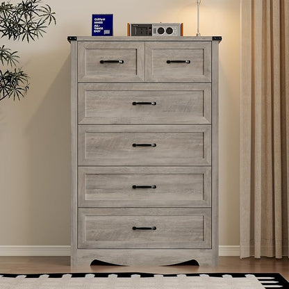 Tall 6-Drawer Dresser for Bedroom, Modern Wooden Chest of Drawers with Metal Handles, Anti-Tipping Design, Sturdy and Stable Storage Organizer for Living Room, Entryway, Home Office, Standard
