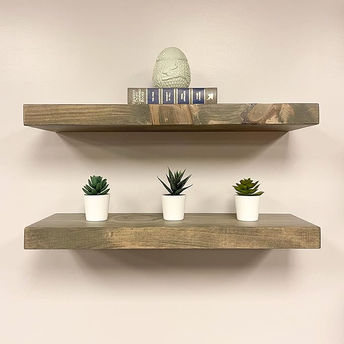 PJ DECOR URBANDI, Rustic Floating Shelves, Set of 2, Hidden Bracket, Solid Wood, Heavy Duty, Wall Mounted Shelves, (Grey, 24Wx6D)