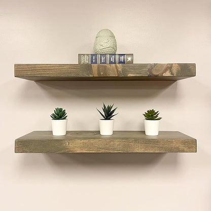 URBANDI, Rustic Floating Shelves, Set of 2, Hidden Bracket, Solid Wood, Heavy Duty, Wall Mounted Shelves, (Grey, 48Wx8D)