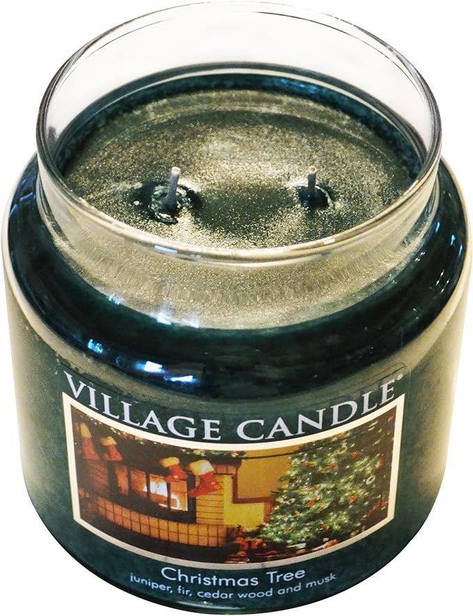 Village Candle Christmas Tree Medium Glass Apothecary Jar Scented Candle, (16oz), Green