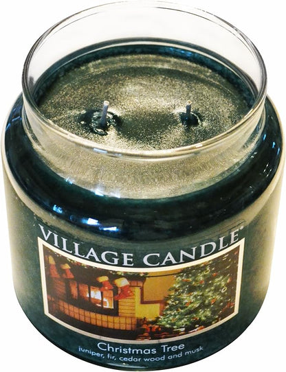 Village Candle Christmas Tree Medium Glass Apothecary Jar Scented Candle, (16oz), Green