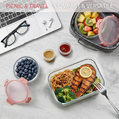 AMALEKO 42pcs Glass Food Storage Containers with Lids Set, 21 Containers & 21 Lids Glass Meal Prep Containers with Snap Locking Lid Set, Leak Proof Lunch Container BPA-Free,Pink