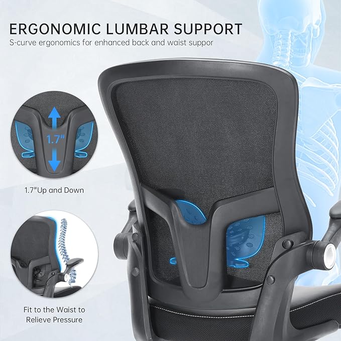 Ergonomic Office Chair, Mid Back Breathable Mesh Desk Computer Swivel Chair with Adjustable Lumbar Support,Flip up Arms,PU Leather Cushion for Home Office, Black
