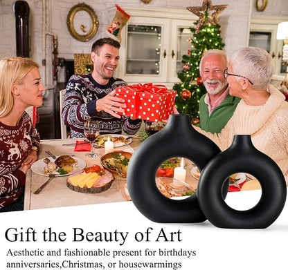 Black Ceramic Donut Vase Set of 2, Hollow Round Matte Pampas Flower Vases for Boho Home Wedding Party Room Dinner Table Shelf Decor.（Black）
