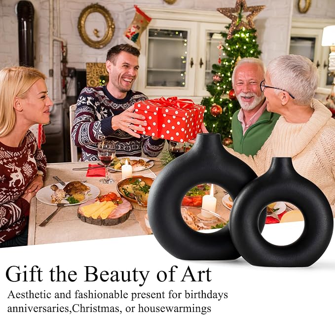 Black Ceramic Donut Vase Set of 2, Big Hollow Round Matte Pampas Flower Vases for Boho Home Wedding Party Room Dinner Table Shelf Decor.