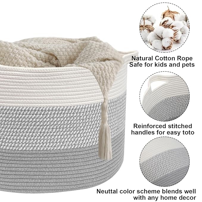 65L Large Blanket Basket,Woven Rope Laundry Basket Hamper with Handles,Decorative Nursery Basket Storage Bin for Toys, Pillows, Clothes Organizer, Living Room, Bedroom, Bathroom, Grey