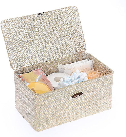 Sumnacon Wicker Basket with Lid Rectangle Woven Baskets for Toiletries Tampon Storage,Wicker Storage Basket with Lid,Decorative Seagrass Storage Baskets for Shelf Bathroom Toilet Table,Whitewash