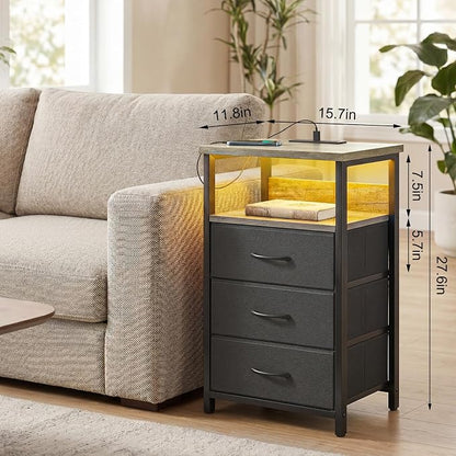 Fixwal Night Stand with Charging Station, LED Nightstand with Fabric Drawers, End Table with PU Finish, Bed Side Table, French Oak