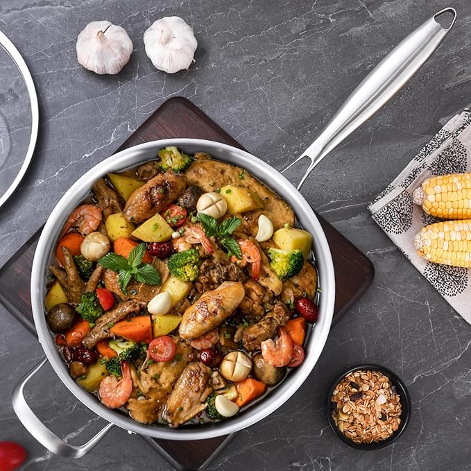 LOLYKITCH 7 QT Tri-Ply Stainless Steel Sauté Pan with Lid,12 Inch Deep Frying pan,Large Skillet,Jumbo Cooker,Induction Cooking Pan,Oven Safe and Detachable Handle.