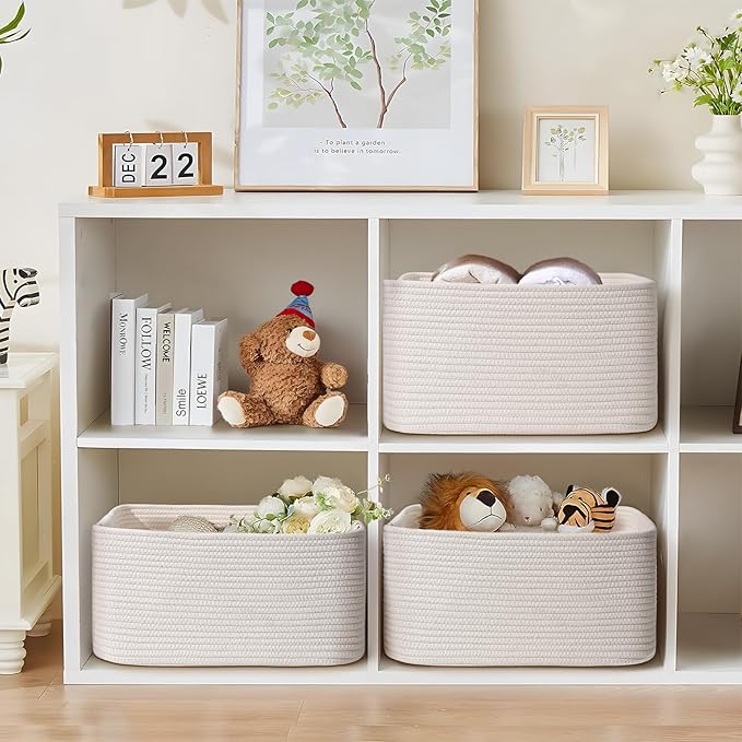 3 Pack Large Storage Basket for Organizing, 17.5"x13.5"x7.5" Woven Basket for Shelves, Closet Cube Storage Bins with Wrapped Handle, Cotton Rope Baskets for Kitchen, Clothes, Toys(Off White)