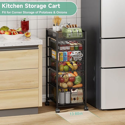 keomaisyto 6-Tier Kitchen Storage Cart with Top Basket & Drawers, Utility Fruit Vegetable Storage Rack on Lockable Wheels, Metal Rolling Snack Cart, Kitchen Organization for Potatoe Onion Can Spice