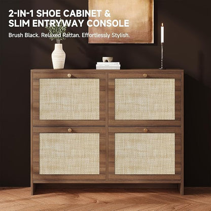 Nicetree Shoe Cabinet Storage for Entryway, 4-Flip Drawer Narrow Shoe Rack, Organic Modern Rattan Shoe Organizer with Gold Legs, Shoe Organizer Fits Men's Size 13.5, Toasted Caramel Walnut