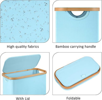 Slim Laundry Basket,60L Laundry Hamper with Lid, Tall Hamper for Laundry,Dirty Cloth Hamper with Bamboo Handle for Toys,Towels, Clothes Organizing, Light Blue
