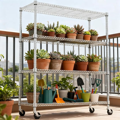M MZG 1400LBS 47.2" W 4 Tiers Storage Shelves Metal Shelving Unit with Wheels Heavy Duty Garage Shelving Adjustable Wire Shelves for Pantry,Kitchen,Garage,Basement,Chrome 17.7" D x 47.2" W x 62.6" H
