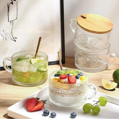 Vintage Glass Coffee Mugs 2 Set, 14oz Overnight Oats Containers with Bamboo Lids and spoon, Glass Tea Cups, Coffee Bar Accessories, Ideal Birthday, Holiday Gifts for Women