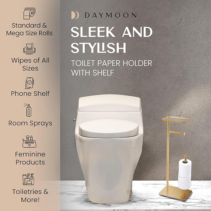 Day Moon™ Gold Toilet Paper Holder Free Standing Toilet Paper Holder with Storage - Toilet Paper Stand and Tissue Holder for Bathroom - Toilet Paper Holder with Shelf and Wipe Holder