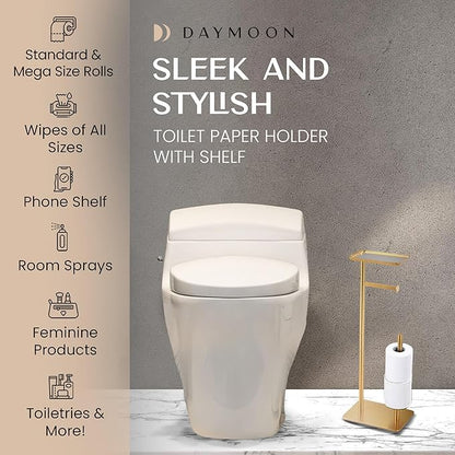 Day Moon™ Gold Toilet Paper Holder Free Standing Toilet Paper Holder with Storage - Toilet Paper Stand and Tissue Holder for Bathroom - Toilet Paper Holder with Shelf and Wipe Holder