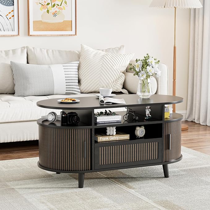 39" Fluted Coffee Table, Coffee Tables with Storage, Oval Coffee Table for Living Room, Center Table with Tambour Doors, Black Coffee Tables for Apartment, Office