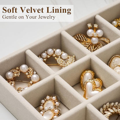 Velvet Jewelry Drawer Organizer Trays – Large Beige Stackable Jewelry Storage Inserts Set, 4-Layer Jewelry Tray Set for Earrings, Rings, Necklaces, Bracelets with Removable Dividers for Dresser,Vanity