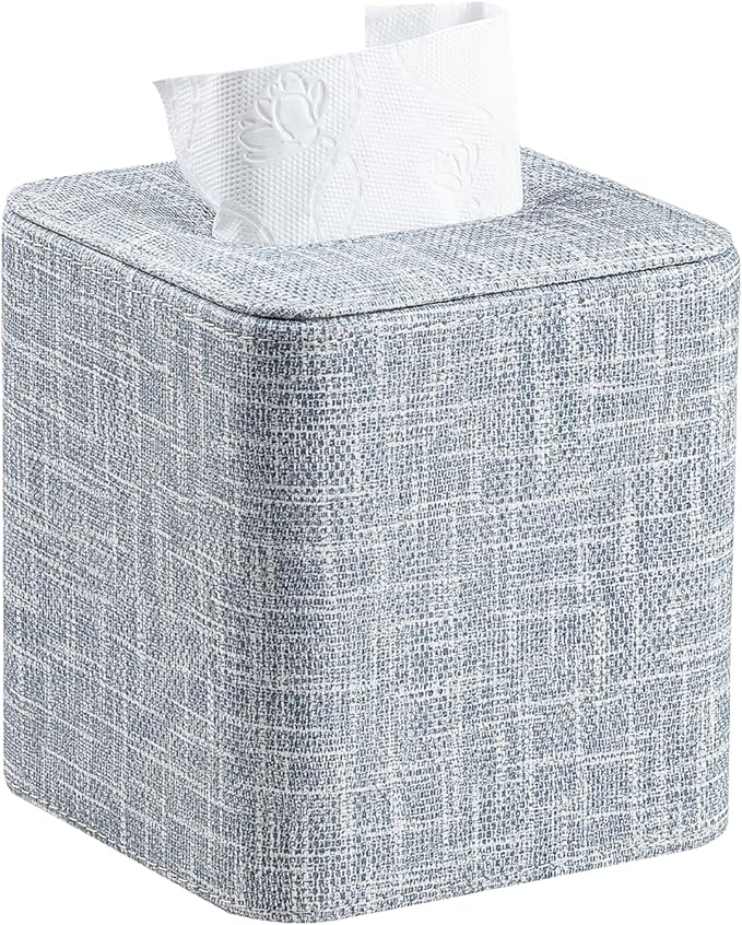 Square Tissue Box Cover with Magnetic Closure, Modern PU Leather Tissue Box Holder for Bathroom Vanity Countertop Night Stands Bedroom Office Desk, Stylish Cube Tissue Holder (Blue)