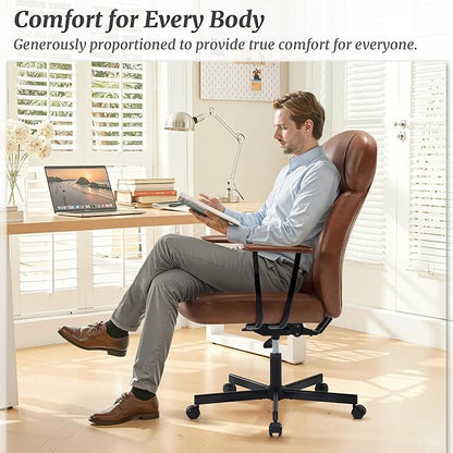High Back Office Desk Chair, Breathable Ergonomic Leather Chair with 5-Layer Seat Cushion with 135°Reclining Lumbar Support Adjustable Height Rolling Swivel Executive Armrests Chair, Brown
