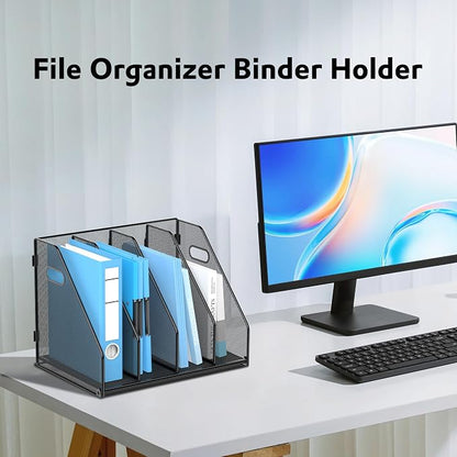 SUPEASY Binder Organizer, Magazine File Holder with 4 Vertical Compartments Rack, Metal Desk File Organizer & Binder Holders, Magazine Organizers for Office Desktop, Home, School (Black)