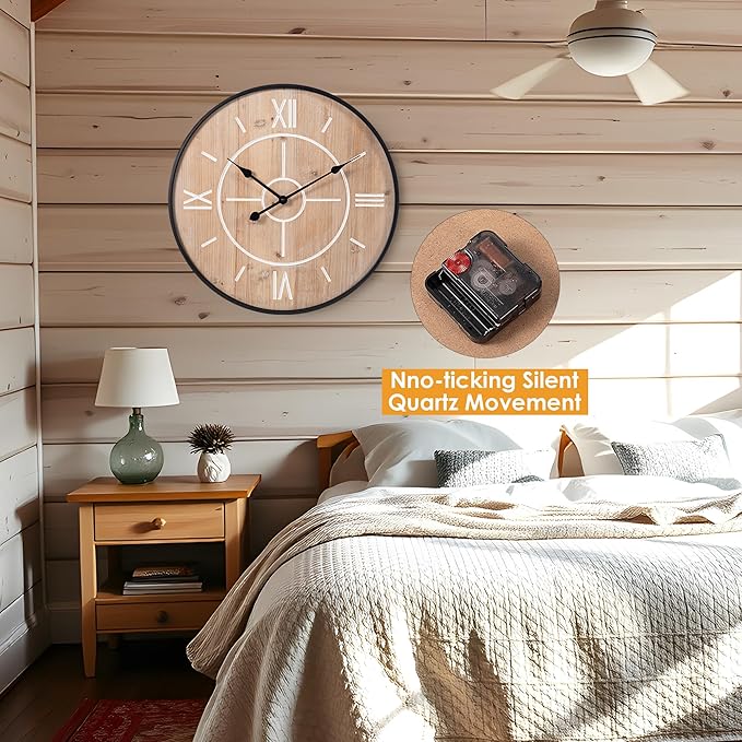 aevbibs Large Decorative Wall Clock 24 & 30 Inch – Vintage Industrial Farmhouse Modern Style – Iron & Wood, Silent Non-Ticking Quartz, Roman Numerals – Living Room, Office, Classroom