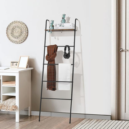 Blanket Ladder 5 Layer Wall-Leaning Blanket Rack with Shelf Decorative Blanket Ladder Shelf Metal Leaning Towel Ladder Rack for Blankets or Quilts for Living Room Bathroom Rustic Black