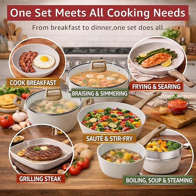 24-Piece Pots and Pans Set Non Stick, Titanium-Reinforced Ceramic Cookware Set, Long-Lasting Nonstick, PFAS-Free, Induction Compatible, Complete Kitchen Set for Everyday Cooking