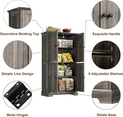 ChooChoo Bathroom Floor Cabinet, Farmhouse Bathroom Storage Cabinet with 4 Doors and Adjustable Shelves, Pantry Cabinet for Living Room, Kitchen, Retro Grey