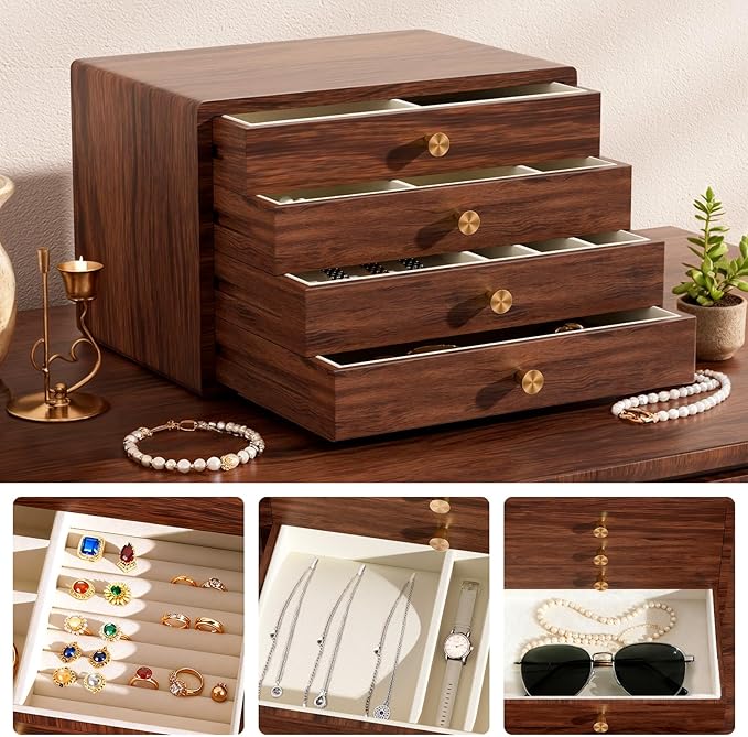 GENUINED Large Black Walnut Wooden Jewelry Box, High End Jewelry Organizer, Vintage Style for Watch Necklace Ring Earring Storage, Anniversary Birthday Gifts for Women(4 Layer)