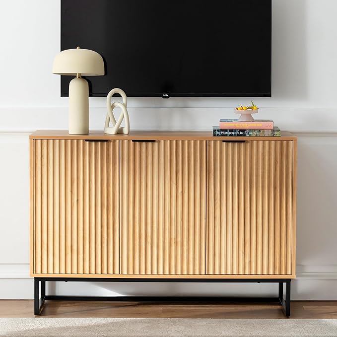 Fluted Storage Cabinet with 3 Doors, Sideboard Buffet Cabinets, Modern Accent Cabinets with Adjustable Shelves, Wooden Credenza Console Table Cabinet for Living Dining Room, Natural Oak