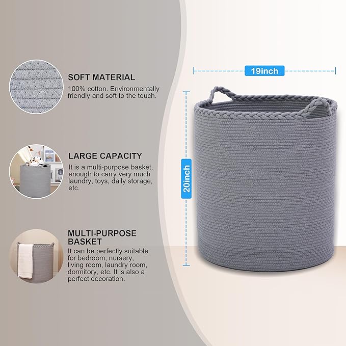 Homlikelan 90L Oversize Woven Laundry Basket,Cotton Tall Laundry Hamper for Blankets,Clothes,Pillows,Toys,Shoes Large Laundry Bin Grey