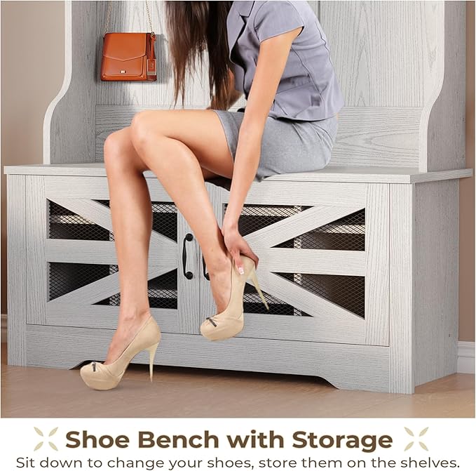 Itaar Hall Tree with Bench and Shoe Storage, 5-in-1 Entryway Bench with Coat Rack, 10 Shoe Cubbies & 9 Coat Hooks, Barn Door & Adjustable Shelf (Embossed White)